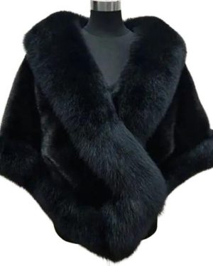 (black) Thickened Warm Mink Fox Fluffy Cape Coat Solid Color Women Winter Faux Fur Shawl