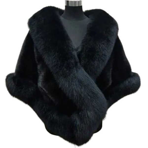 (black) Thickened Warm Mink Fox Fluffy Cape Coat Solid Color Women Winter Faux Fur Shawl