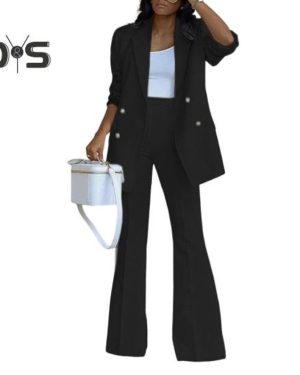 (black, XL) 2 Pcs/Set Women Coat Pants Set Lapel Double-breasted Mid Length Cardigan Long Sleeve Jacket Wide Leg High Waist Straight Trousers Lady For