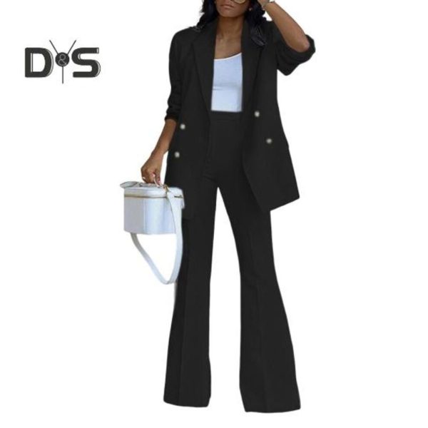 (black, XL) 2 Pcs/Set Women Coat Pants Set Lapel Double-breasted Mid Length Cardigan Long Sleeve Jacket Wide Leg High Waist Straight Trousers Lady For
