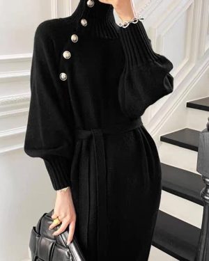 (black, XL) Autumn Knitwear Dress Women Long Sleeve Turtleneck Sweater Dress Winter Knit Korean Fashion Loose Tunic Pullover