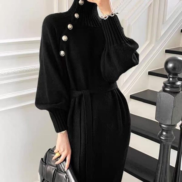 (black, XL) Autumn Knitwear Dress Women Long Sleeve Turtleneck Sweater Dress Winter Knit Korean Fashion Loose Tunic Pullover