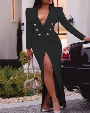 (black, XL) Elegant Women Blazer Dress Suits Long Sleeve Buttons Wrap Maxi Jacket Coat Classy Fashion Lady Large Size Party Evening Outfits