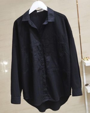 (black, XL) Pure Cotton Double Pocket White Shirt Women Long-sleeve Blouse Spring Autumn Tops Lapel Buttoned Irregular Shirts