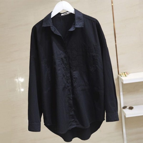 (black, XL) Pure Cotton Double Pocket White Shirt Women Long-sleeve Blouse Spring Autumn Tops Lapel Buttoned Irregular Shirts