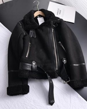 (black, XL) Winter Women Thick Warm Suede Jacket Short Motorcycle Brown Coats Faux Shearling Sheepskin Leather Jackets Outwear