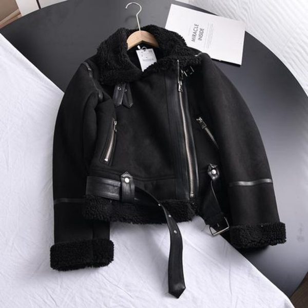 (black, XL) Winter Women Thick Warm Suede Jacket Short Motorcycle Brown Coats Faux Shearling Sheepskin Leather Jackets Outwear
