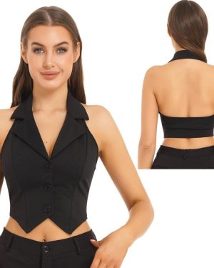 (black, XXL) Ladies Crop Tops Formal Elegant OL Waistcoat Suits Vest Women Backless Vest Outerwear Jacket Coat Halter V-Neck Office
