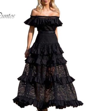 (black, XXL) Lady Bandeau Dress Hollow Out Off Shoulder Patchwork Flower Embroidery Maxi Dress Ruffle Lace Prom Party Wedding Dress