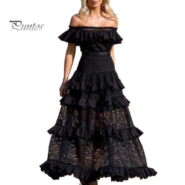 (black, XXL) Lady Bandeau Dress Hollow Out Off Shoulder Patchwork Flower Embroidery Maxi Dress Ruffle Lace Prom Party Wedding Dress