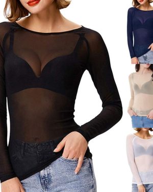 (black, XXL) Women See-Through Long Sleeve Seamless Arm Shaper Top Mesh Shirt Blouse