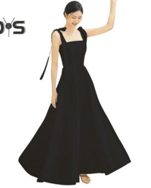 (black, XXL) Women Wedding Dress Satin Lace-up Shoulder Strap Bow Square Neck A-line Big Swing Solid Color Sleeveless Filming Photo Taking Evening Dre