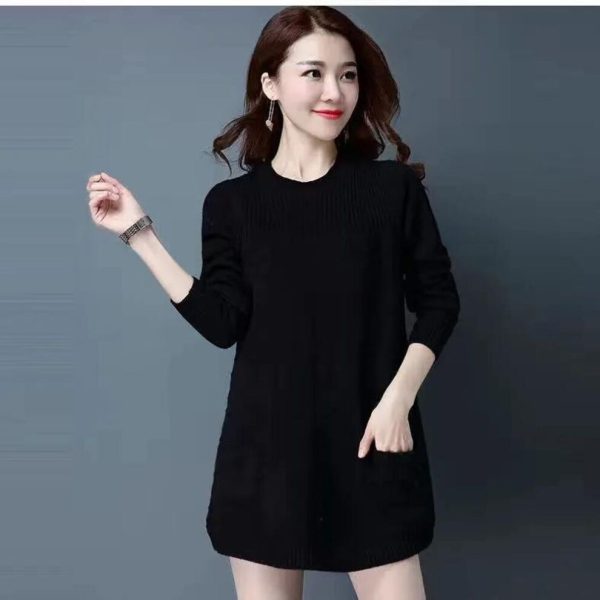 (black, XXXXL) Women Autumn Winter Sweater Pullover Korean Loose Long-Sleeve Knit Sweater Mid-length Bottoming Sweaters Female Clothes Tops