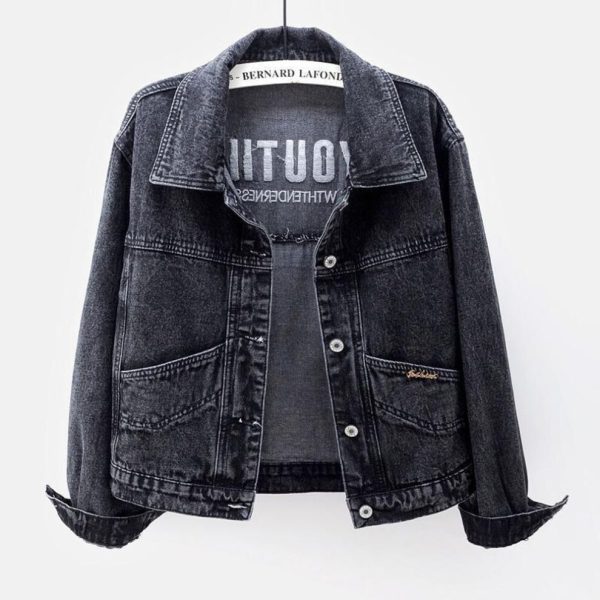 (black,gray, 2XL) Plus Size Embroidered Denim Women Spring Autumn Casual Long Sleeve Short Jean Jacket Streetwear Loose Outerwear