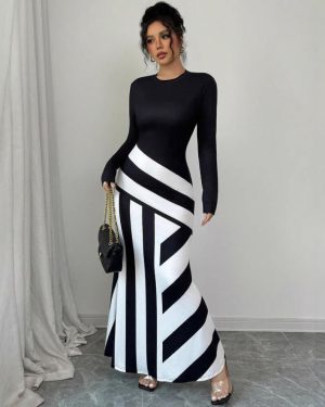 (black,white, XXL) Autumn and Winter Women's Sexy Asymmetric Neckline Irregular Stripe Mermaid Hem Dresses