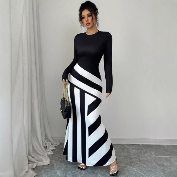 (black,white, XXL) Autumn and Winter Women's Sexy Asymmetric Neckline Irregular Stripe Mermaid Hem Dresses