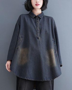 (blue, 2XL) DIMANAF 2023 Plus Size Spring Blouse Casual Long Sleeve Shirt Denim Women Solid Long Sleeve Oversize Loose