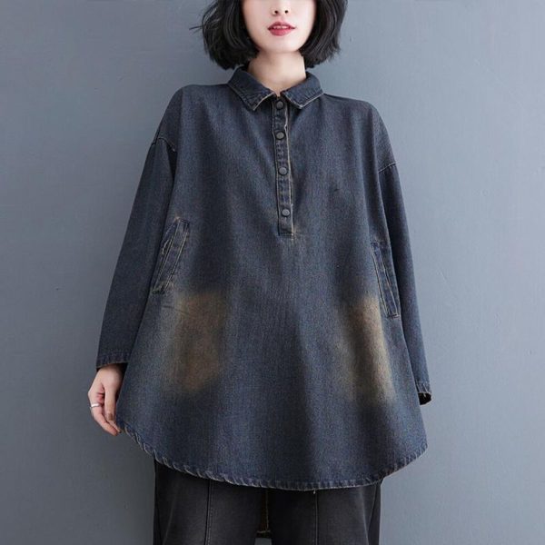 (blue, 2XL) DIMANAF 2023 Plus Size Spring Blouse Casual Long Sleeve Shirt Denim Women Solid Long Sleeve Oversize Loose