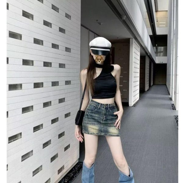 (blue, 2XL) "Women's High-Waist American Retro Embroidered Blue Denim A-Line Skirt - Slim Fit Summer Style"