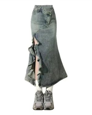 (blue, Extra Large) Women's Retro High-Waist Denim Fishtail Skirt - Large, A-Line, Summer