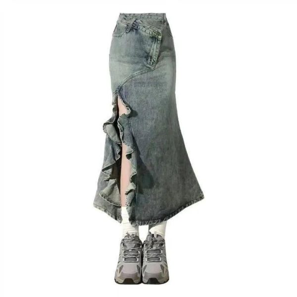 (blue, Extra Large) Women's Retro High-Waist Denim Fishtail Skirt - Large, A-Line, Summer
