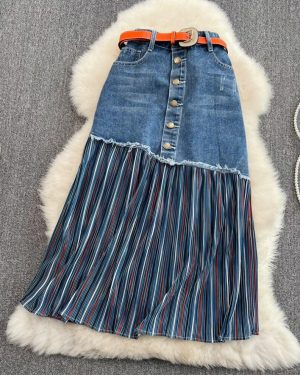(blue, L) Design Sense Draped and Versatile Chiffon Pleated Stitched Denim Skirt in Spring, Thin and Irregular Medium Length A-line Skirt