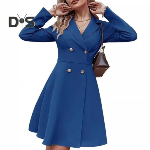 (blue, L) Fall Winter Women Jacket Double-breasted A-line Slim Fit Turn-down Collar Tight Waist Pure Color Formal Business Office Dress Long Sleeve Co