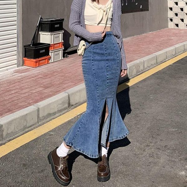 (blue, M) High-Waisted Ruffled Denim Fishtail Skirt for Women - Mid-Length, Elastic, Perfect for Autumn/Winter 2022