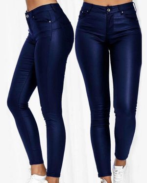 (blue, S) 1PC Trousers Pencil Pants Solid Color PU Leather Women Leggings Stretchy High Quality Casual