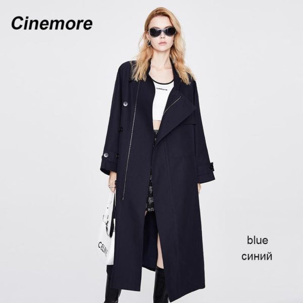 (blue, S) Cinemore women's windbreaker 2022 NEW Casual long trench coat Solid Outwear Fashion Vintage Autumn Cloak Warm Loose Jacket 92222