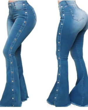 (blue, S) European and American Women's High Waist Stretch Classic Ladies Mopping Denim New Flared Pants