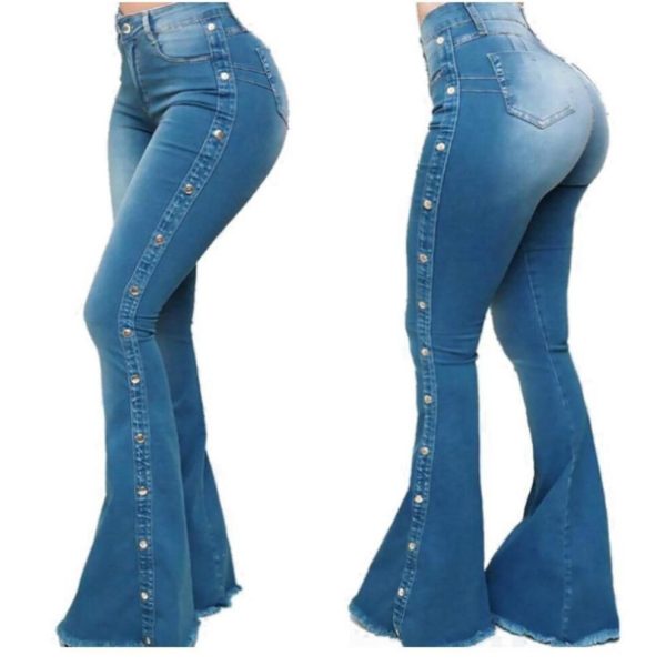 (blue, S) European and American Women's High Waist Stretch Classic Ladies Mopping Denim New Flared Pants