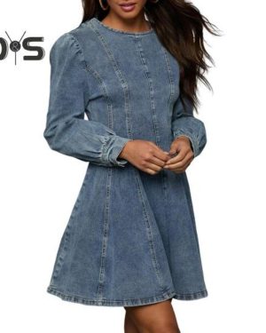 (blue, S) Women's Denim Dress Long Sleeve Bodycon Mini Jean Dress Casual Ruffle Hem Dress for Daily Vacation Work