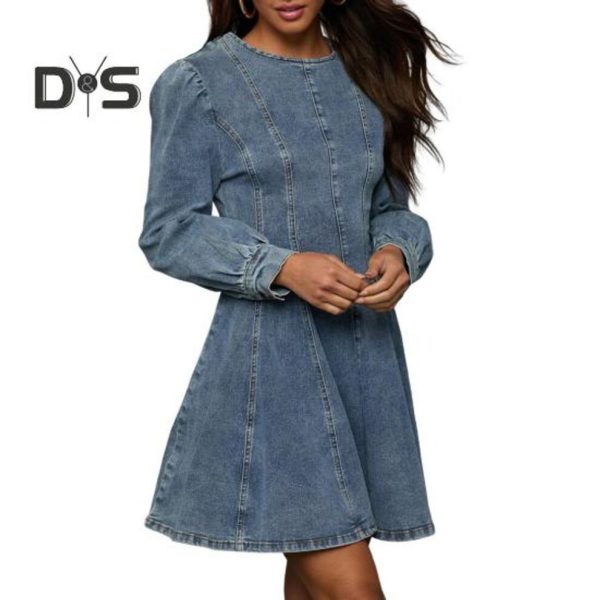 (blue, S) Women's Denim Dress Long Sleeve Bodycon Mini Jean Dress Casual Ruffle Hem Dress for Daily Vacation Work