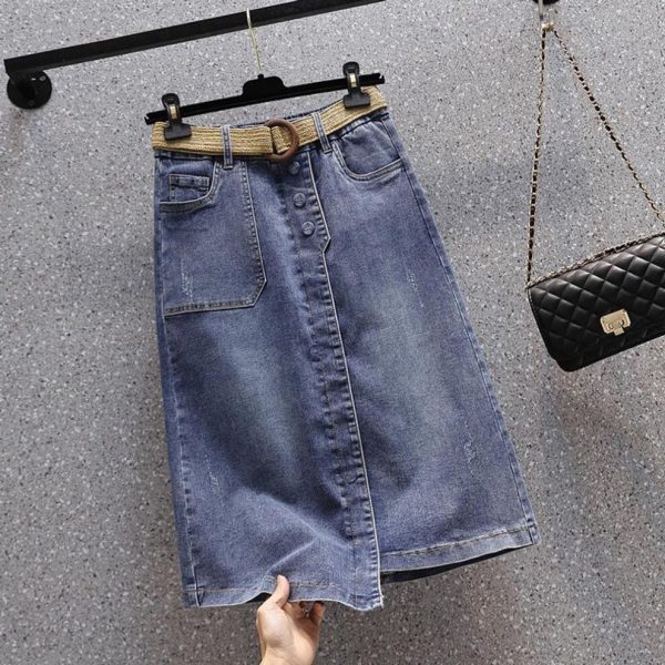 (blue, XL) DIMANAF Plus Size Summer Lady Denim Skirts Women Clothing Blue Fashion A-Line Jeans Skirt Belt Waist
