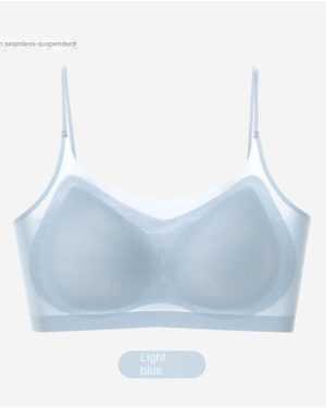 (blue, XL) Ultra-Thin Breathable Ice Silk Top Bra Women's Seamless Back Halter Vest Wrap Bra Small Chest Together