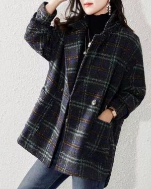 (blue, XL) Winter Women Korean Loose Wool Clothes Plaid Wide-waisted Formal Cashmere Coat And Jackets Casual