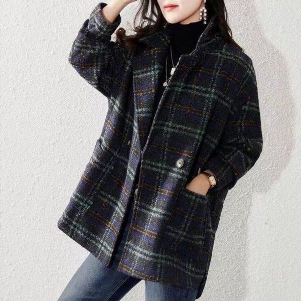 (blue, XL) Winter Women Korean Loose Wool Clothes Plaid Wide-waisted Formal Cashmere Coat And Jackets Casual
