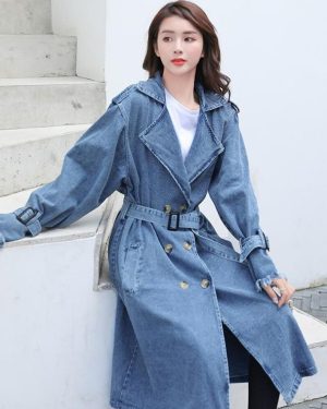 (blue, XS) Women's Spring and Autumn Large Size Loose Mid-length Double-breasted Denim Windbreaker Jacket with Belt