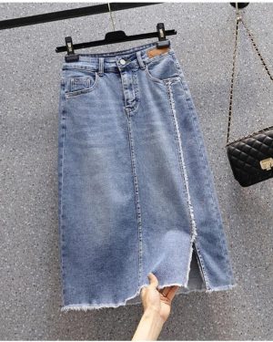 (blue, XXL) DIMANAF 2024 Women Spring New Style Plus Size Tassel Skirts Elastic Solid Denim Loose Soft A-Line Blue Vintage Basic Skirt 5XL
