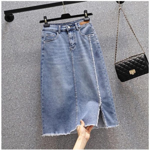 (blue, XXL) DIMANAF 2024 Women Spring New Style Plus Size Tassel Skirts Elastic Solid Denim Loose Soft A-Line Blue Vintage Basic Skirt 5XL