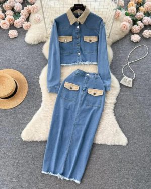 (blue, XXL) New Women Lapel Denim Jacket Full-length Skirt Two Pieces Sets Fashion Women's Suit Jeans Sets