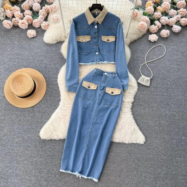 (blue, XXL) New Women Lapel Denim Jacket Full-length Skirt Two Pieces Sets Fashion Women's Suit Jeans Sets