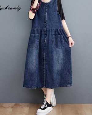 (blue, XXL) Plus Size Summer Autumn Women Denim A-Line Midi Sundress O Neck Blue Casual Loose Korean Sleeveless Dress Elegant Buttons Oversized Tank D