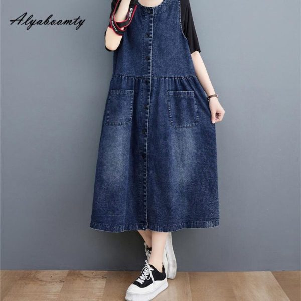 (blue, XXL) Plus Size Summer Autumn Women Denim A-Line Midi Sundress O Neck Blue Casual Loose Korean Sleeveless Dress Elegant Buttons Oversized Tank D