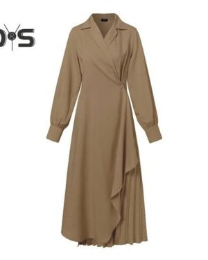 (brown, M) Women Elegant Dress Pleated Lapel Long Sleeves Solid Color Asymmetric Hem Formal Business Ankle Length Prom Banquet Formal Occasion Maxi Dr