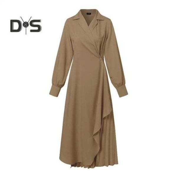 (brown, M) Women Elegant Dress Pleated Lapel Long Sleeves Solid Color Asymmetric Hem Formal Business Ankle Length Prom Banquet Formal Occasion Maxi Dr