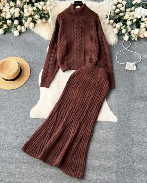 (brown, One Size) Winter New Turtle Neck Long-sleeved Twisted Sweater + High Waist Mermaid Knit Skirt Women Vintage 2pcs Suit