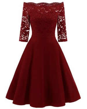 (burgundy, S) Women Vintage Swing Dress Floral Lace Bodice Off Shoulder Bardot Sheer 3/4 Sleeve Fit and Flare Cocktail Evening Party Going Out Wear Oc