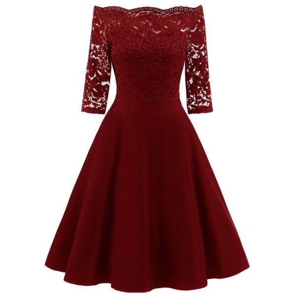 (burgundy, S) Women Vintage Swing Dress Floral Lace Bodice Off Shoulder Bardot Sheer 3/4 Sleeve Fit and Flare Cocktail Evening Party Going Out Wear Oc